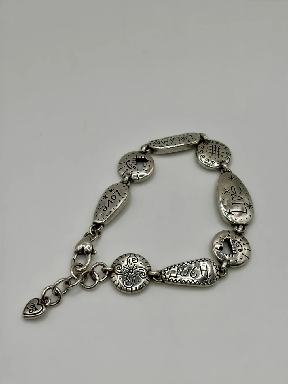 Brighton “Love Tags” Silver Retired Laugh Live Dream Heart Bracelet